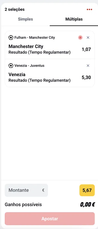 Boletim com duas seleções: Manchester City para vencer o Fulham e Venezia para vencer a Juventus. Total apostado: 5,67 €. Ganhos possíveis: 0,00 €. Boletim de apostas múltiplas com seleções para Manchester City e Venezia no tempo regulamentar.